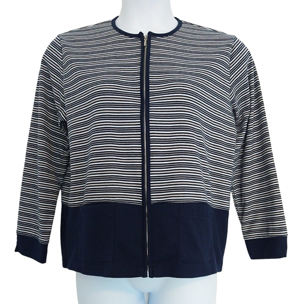 Rafael Sport Navy Blue Striped Full Zip Sweater Pockets Classic Nautical